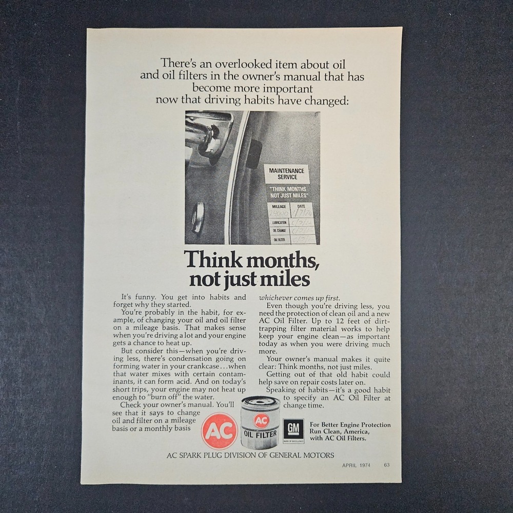 1974 AC Oil Filters GM General Motors Vintage Print Ad Mancave Garage‎ Shop Bar